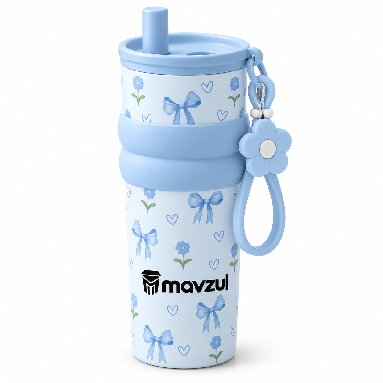 Mavzul Blue Bow Floral Insulated Coffee Tumbler with Straw and Wrist Strap (1) Mavzul Blue Bow Floral Insulated Coffee Tumbler with Straw and Wrist Strap