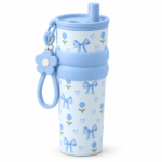 Mavzul Blue Bow Floral Insulated Coffee Tumbler with Straw and Wrist Strap