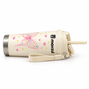 Mavzul Cream Butterfly Insulated Coffee Tumbler with Straw and Wrist Strap