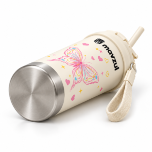 Mavzul Cream Butterfly Insulated Coffee Tumbler with Straw and Wrist Strap