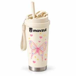 Mavzul Cream Butterfly Insulated Coffee Tumbler with Straw and Wrist Strap